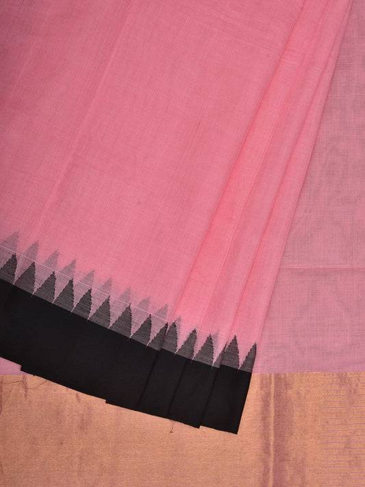 Baby Pink Khadi Cotton Handloom Plain Saree with Temple Border Design kh0561