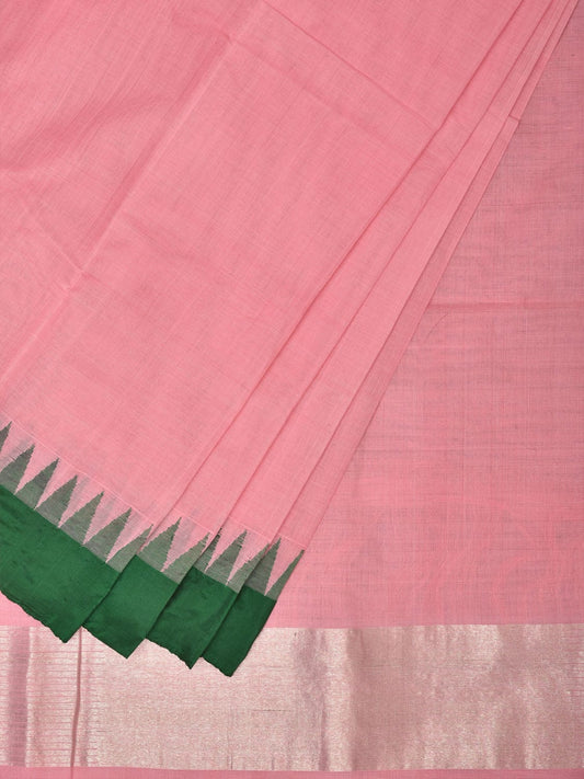 Baby Pink Khadi Cotton Handloom Plain Saree with Temple Border Design kh0600