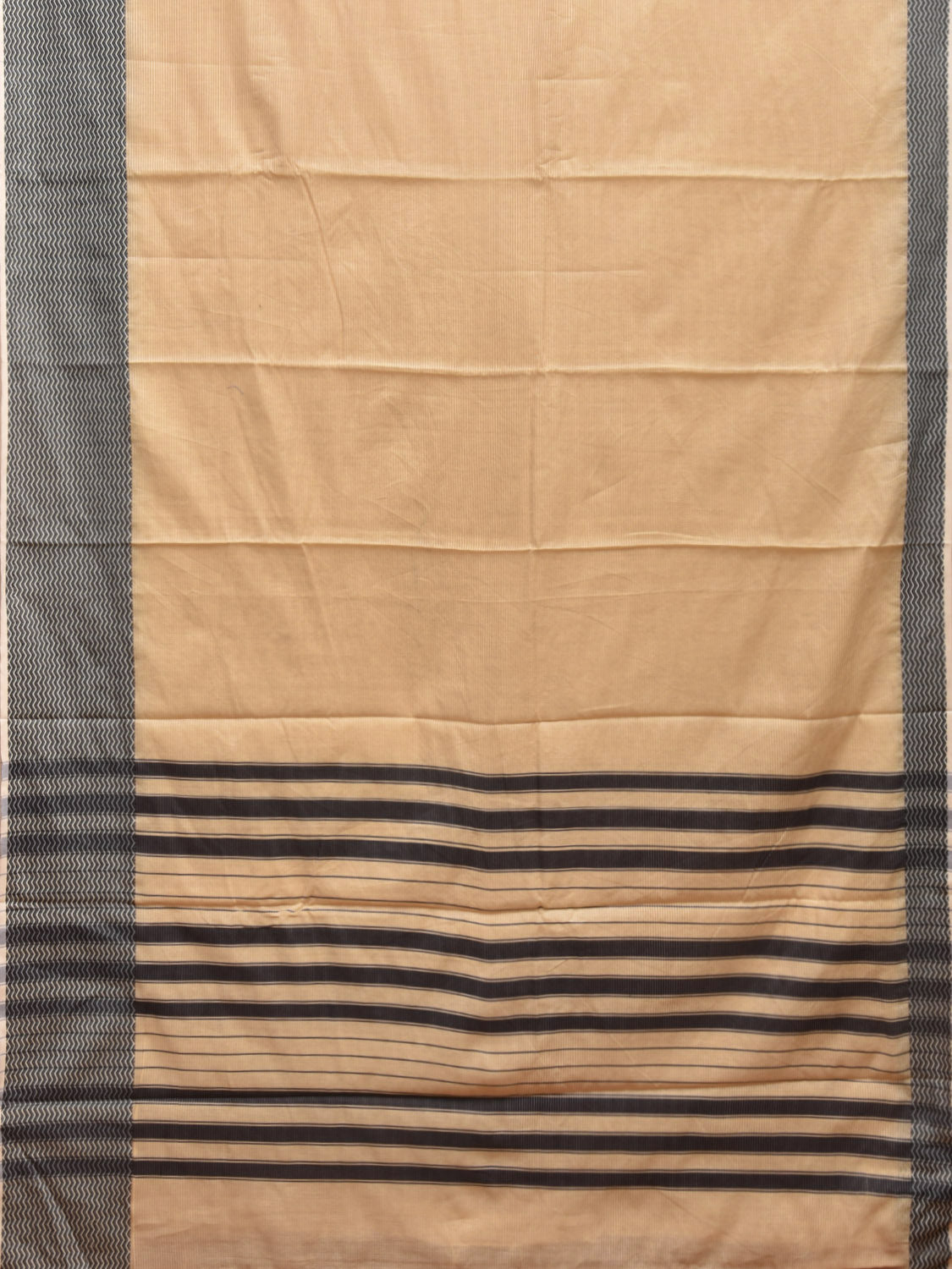 Cream and Black Bamboo Cotton Saree with Strips and Zig-Zag Border Design No Blouse bc0325