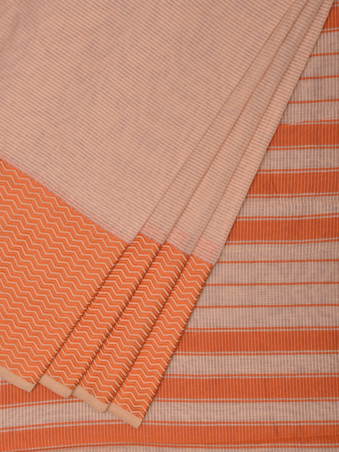 Cream and Orange Bamboo Cotton Saree with Strips and Zig-Zag Border Design No Blouse bc0326