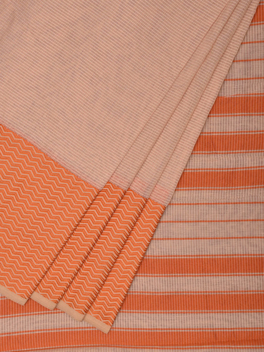 Cream and Orange Bamboo Cotton Saree with Strips and Zig-Zag Border Design No Blouse bc0326