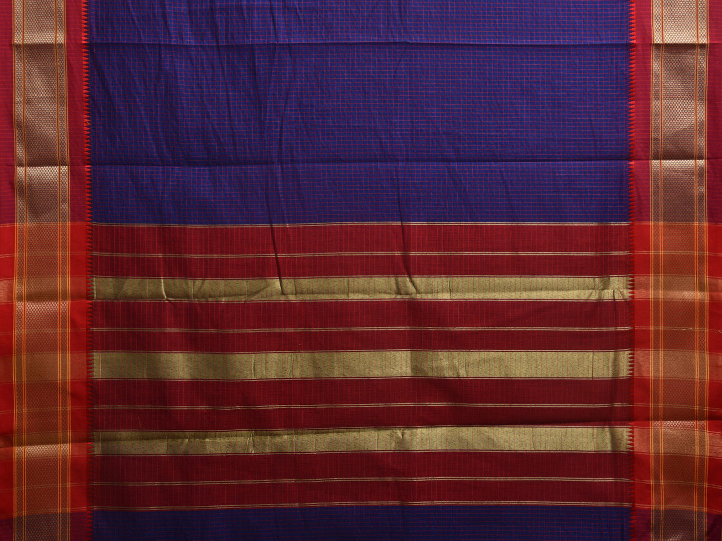 Dark Blue and Red Bamboo Cotton Saree with Checks Design No Blouse bc0330