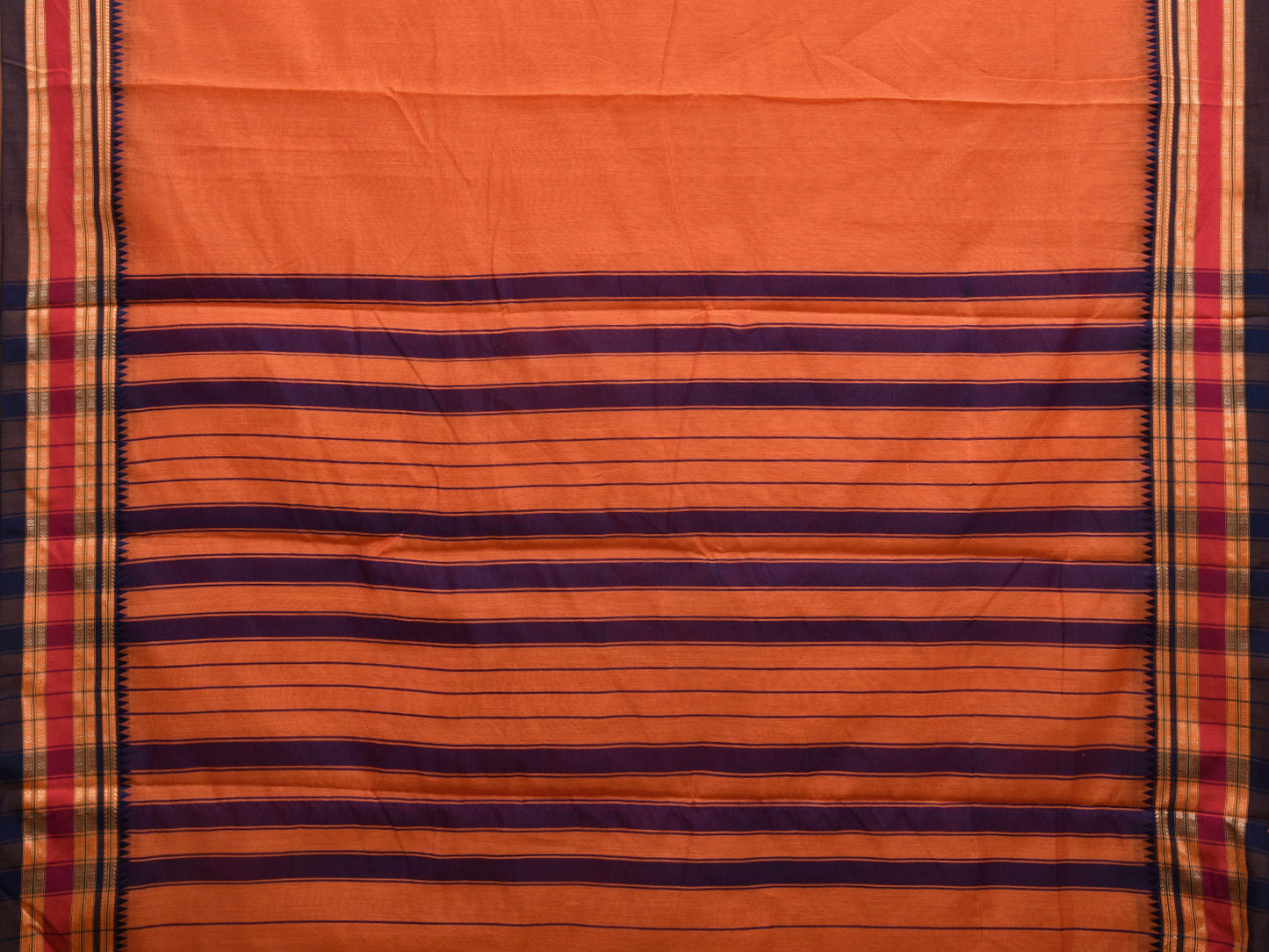 Orange and Navy Bamboo Cotton Plain Saree with Strips Pallu Design No Blouse bc0354