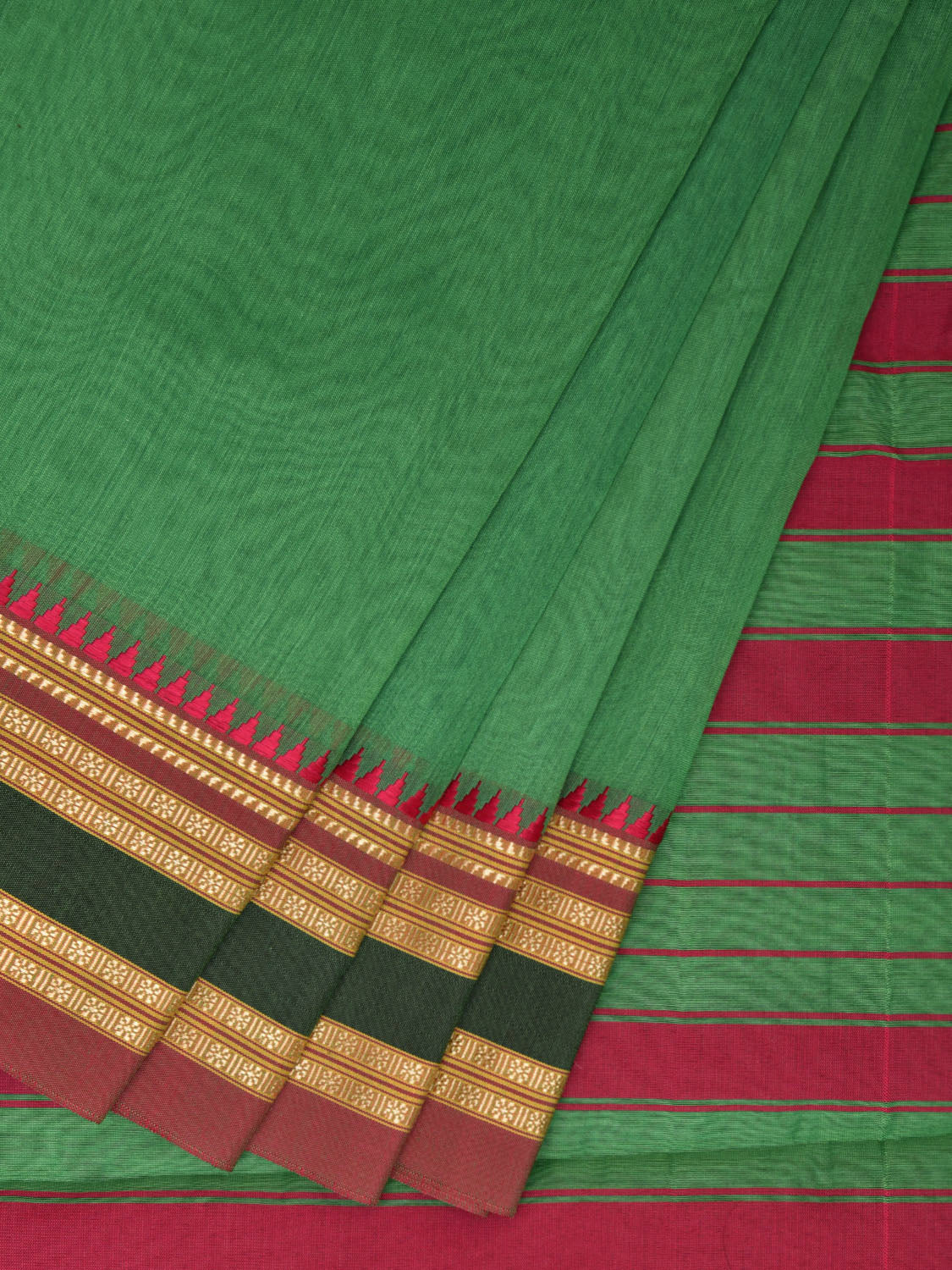 Green and Pink Bamboo Cotton Plain Saree with Strips Pallu Design No Blouse bc0393