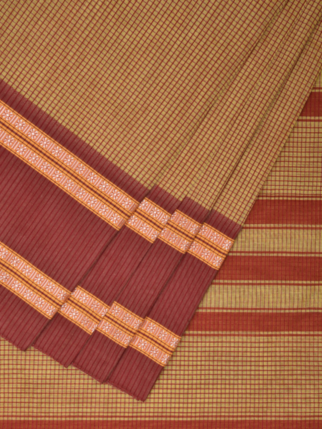 Mustard and Rust Bamboo Cotton Saree with Small Checks Design No Blouse bc0394