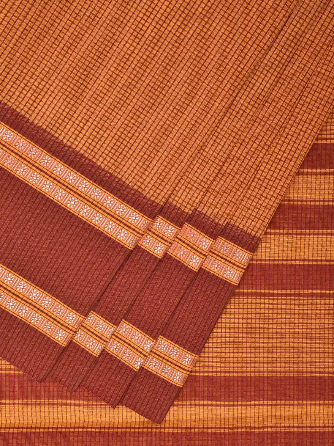 Orange and Rust Bamboo Cotton Saree with Small Checks Design No Blouse bc0395