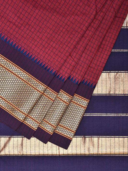 Dark Red and Dark Blue Bamboo Cotton Saree with Checks Design No Blouse bc0398