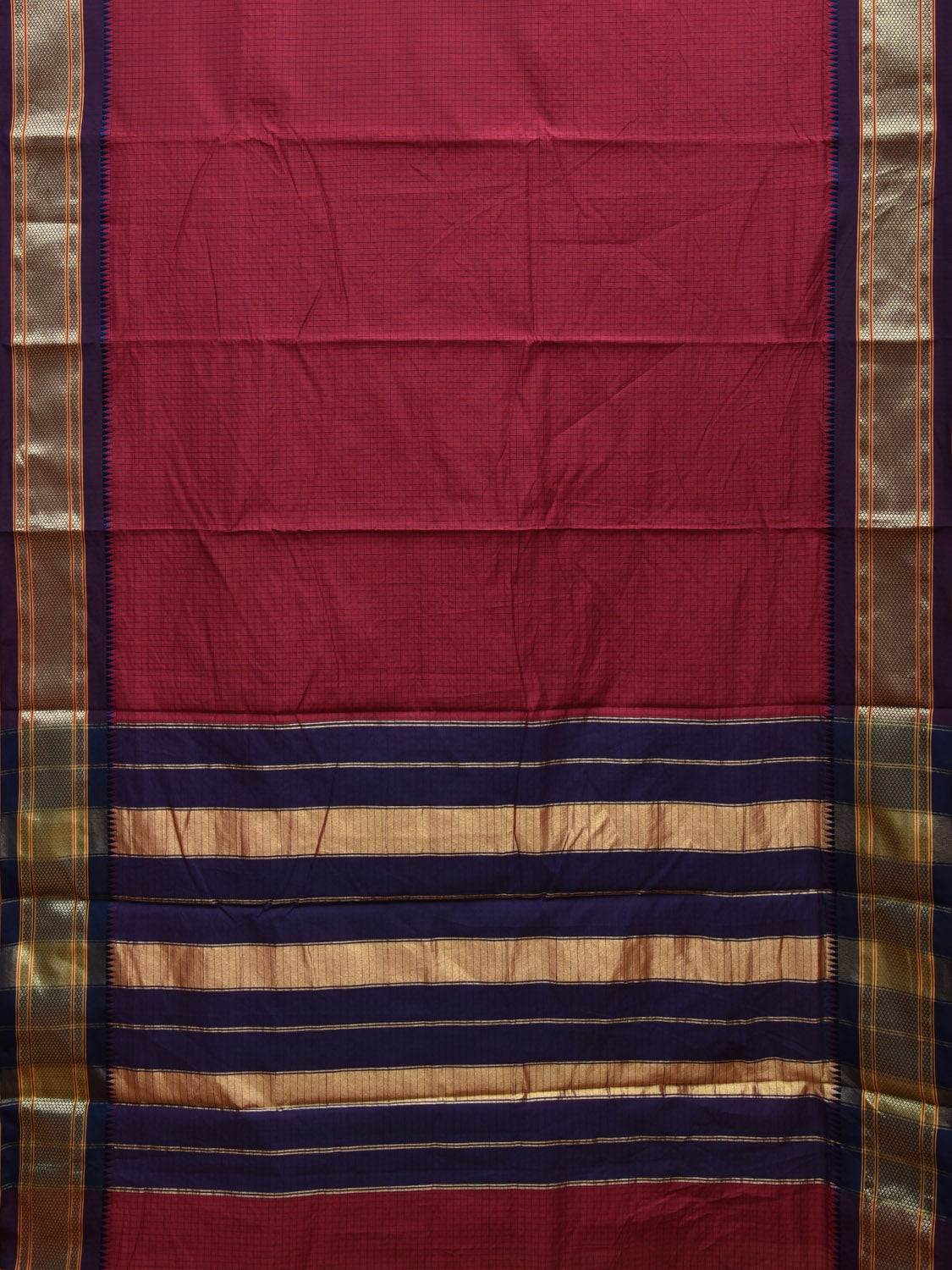 Dark Red and Dark Blue Bamboo Cotton Saree with Checks Design No Blouse bc0398