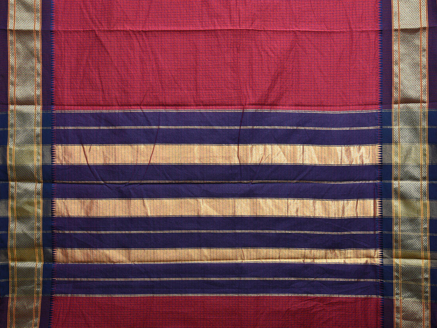 Dark Red and Dark Blue Bamboo Cotton Saree with Checks Design No Blouse bc0398