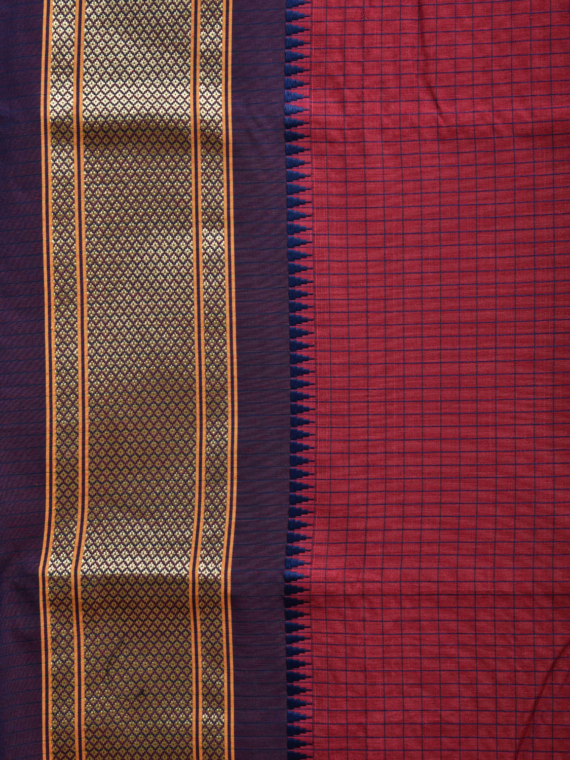 Dark Red and Dark Blue Bamboo Cotton Saree with Checks Design No Blouse bc0398