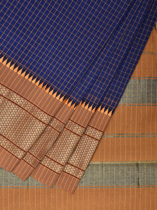 Dark Blue and Mustard Bamboo Cotton Saree with Checks Design No Blouse bc0399