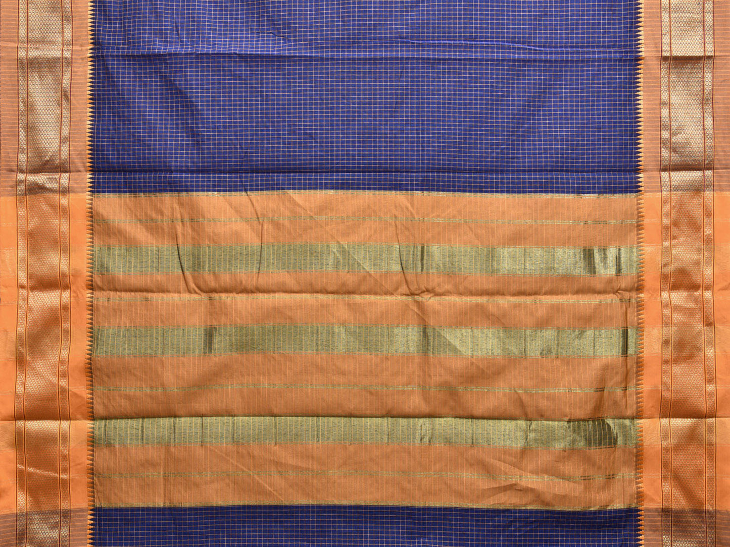 Dark Blue and Mustard Bamboo Cotton Saree with Checks Design No Blouse bc0399