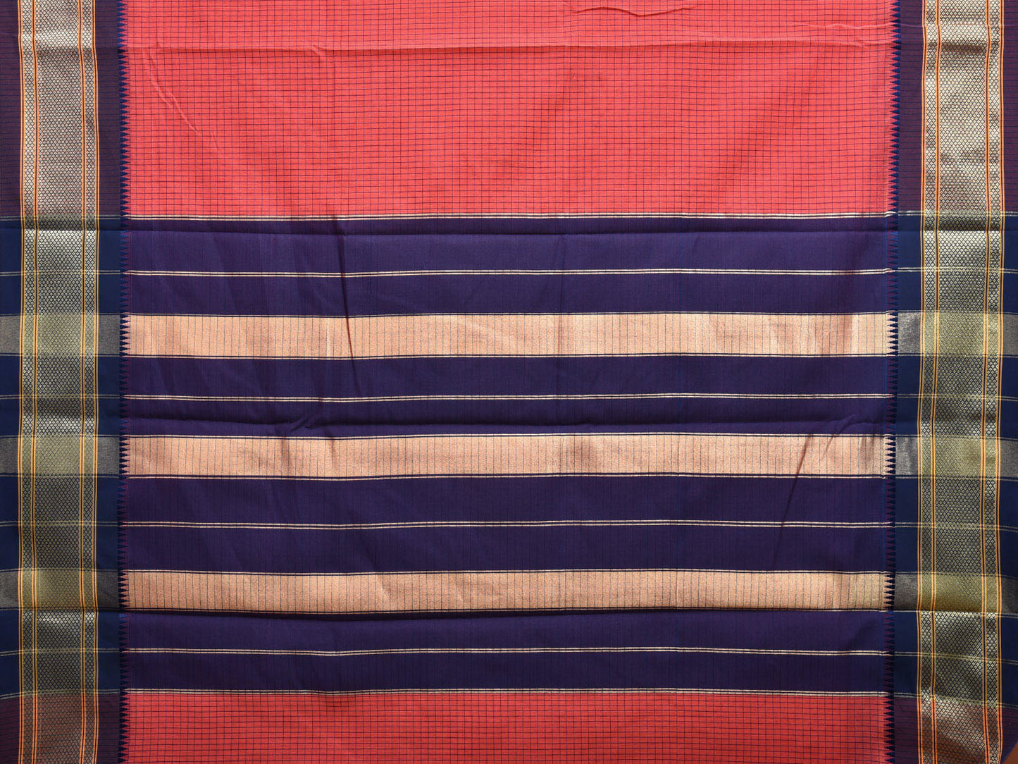 Red and Dark Blue Bamboo Cotton Saree with Checks Design No Blouse bc0400