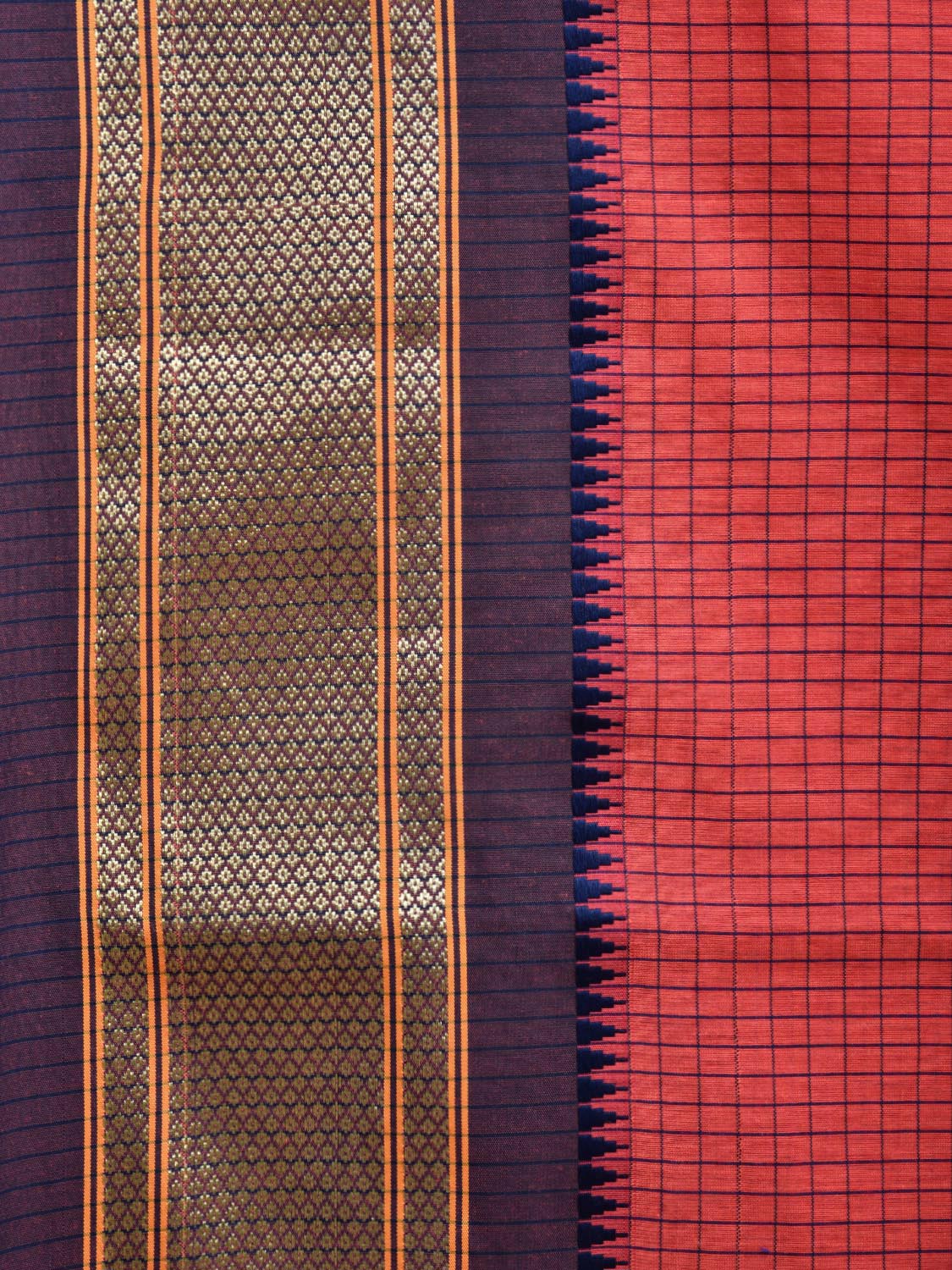 Red and Dark Blue Bamboo Cotton Saree with Checks Design No Blouse bc0400