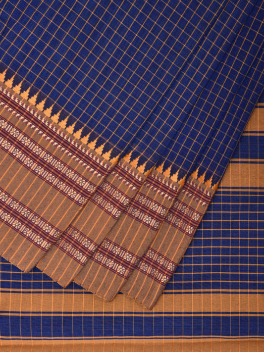 Dark Blue and Mustard Bamboo Cotton Saree with Checks Design No Blouse bc0401