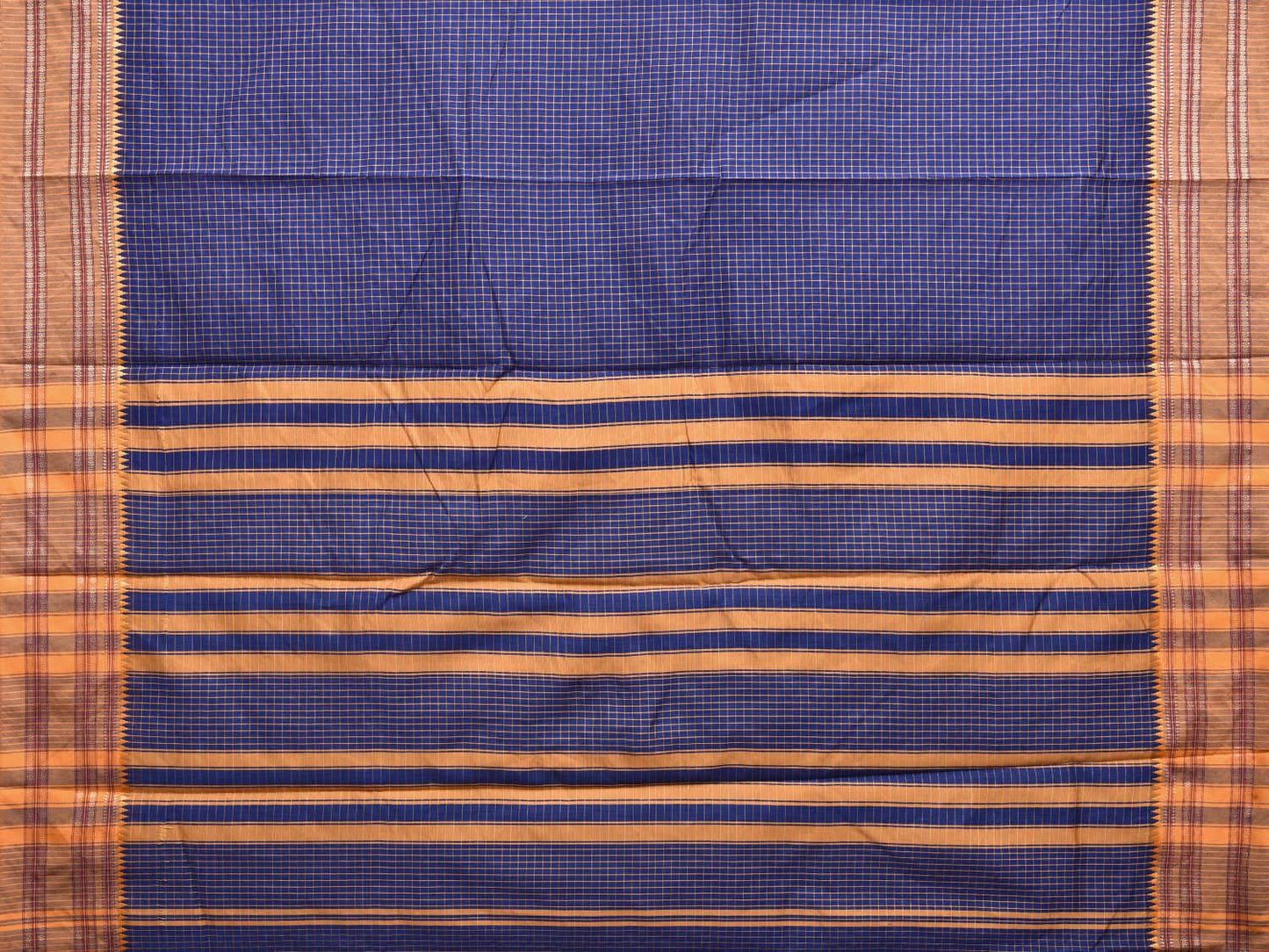 Dark Blue and Mustard Bamboo Cotton Saree with Checks Design No Blouse bc0401