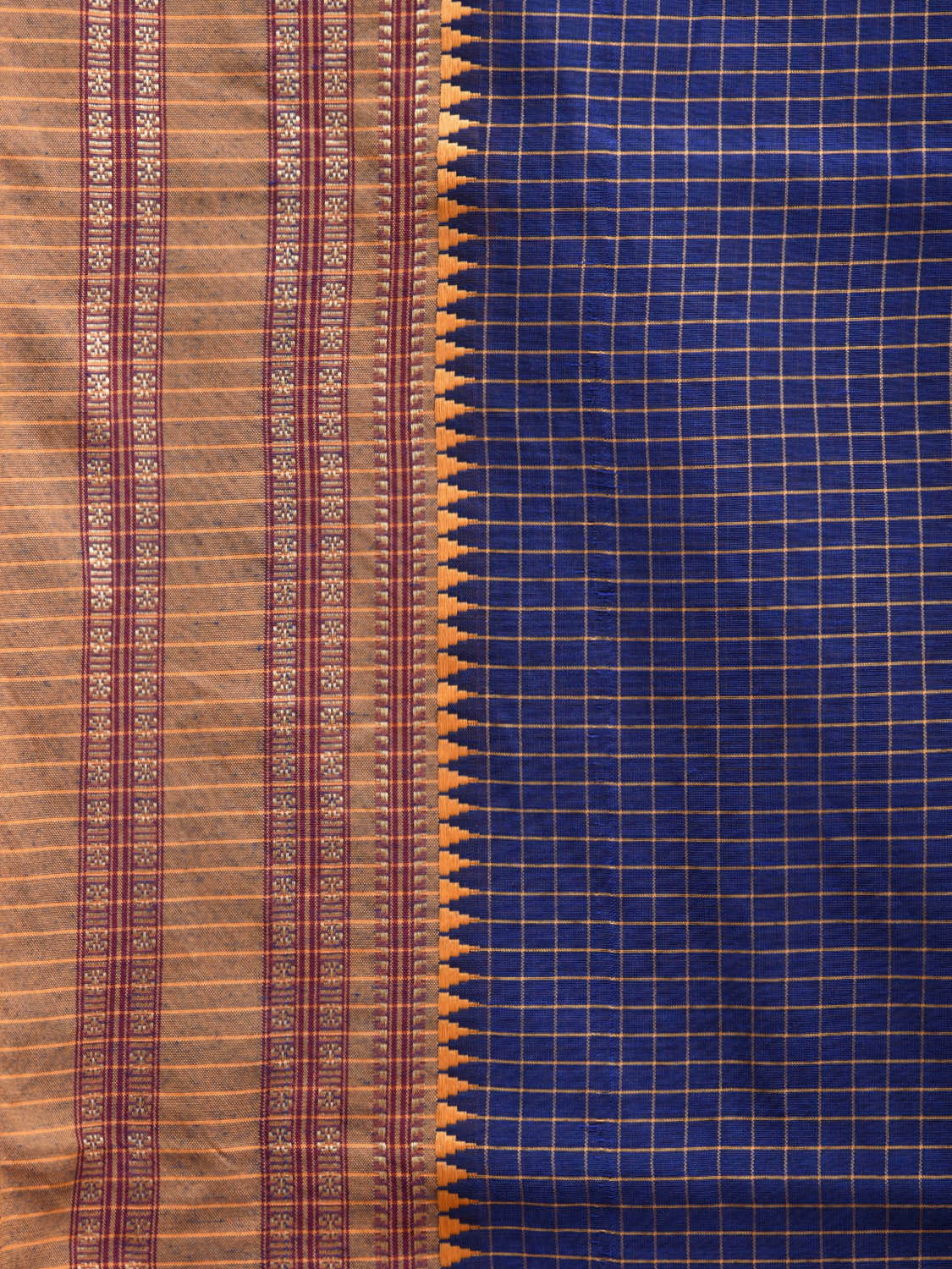 Dark Blue and Mustard Bamboo Cotton Saree with Checks Design No Blouse bc0401