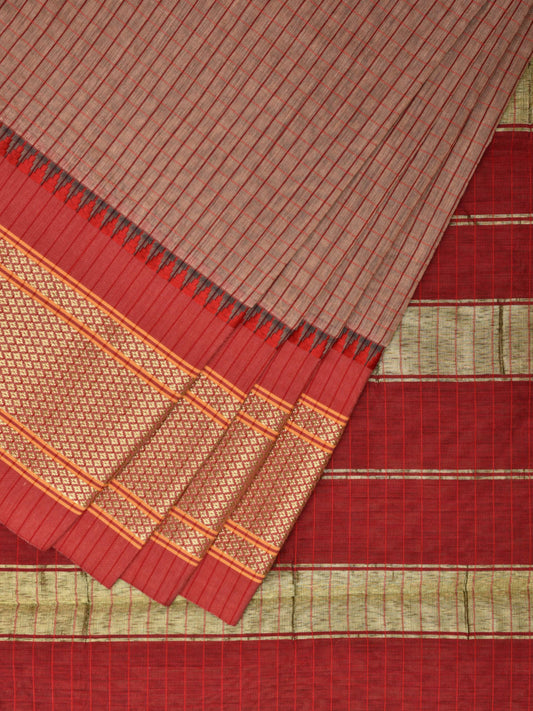 Fawn and Red Bamboo Cotton Saree with Checks Design No Blouse bc0402