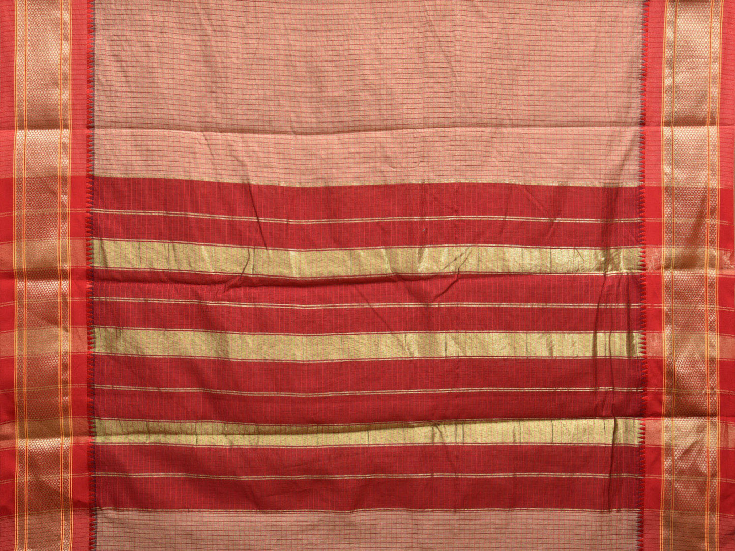 Fawn and Red Bamboo Cotton Saree with Checks Design No Blouse bc0402