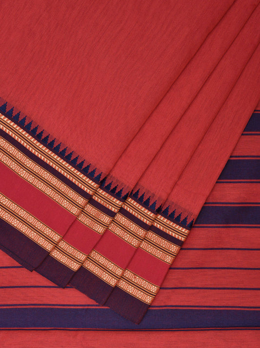 Red and Dark Blue Bamboo Cotton Plain Saree with Strips Pallu Design No Blouse bc0404