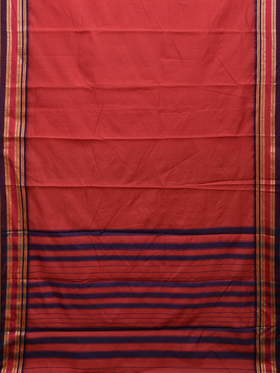 Red and Dark Blue Bamboo Cotton Plain Saree with Strips Pallu Design No Blouse bc0404