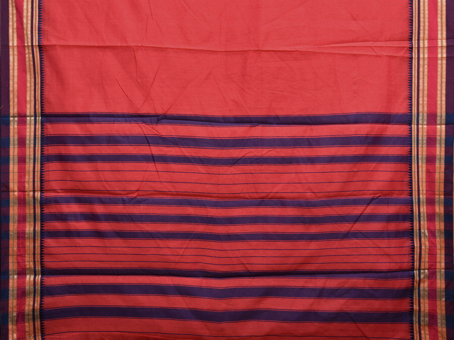 Red and Dark Blue Bamboo Cotton Plain Saree with Strips Pallu Design No Blouse bc0404