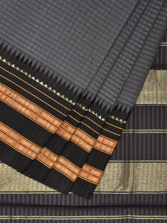 Grey and Black Bamboo Cotton Viscose Silk Saree with Self Checks Design No Blouse bc0405