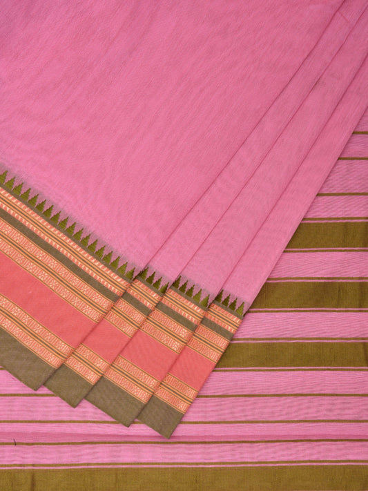 Baby Pink and Olive Bamboo Cotton Plain Saree with Strips Pallu Design No Blouse bc0407