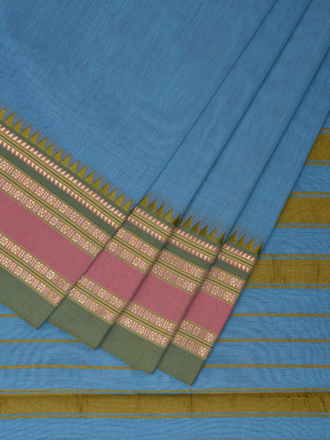 Light Blue and Olive Bamboo Cotton Plain Saree with Strips Pallu Design No Blouse bc0408