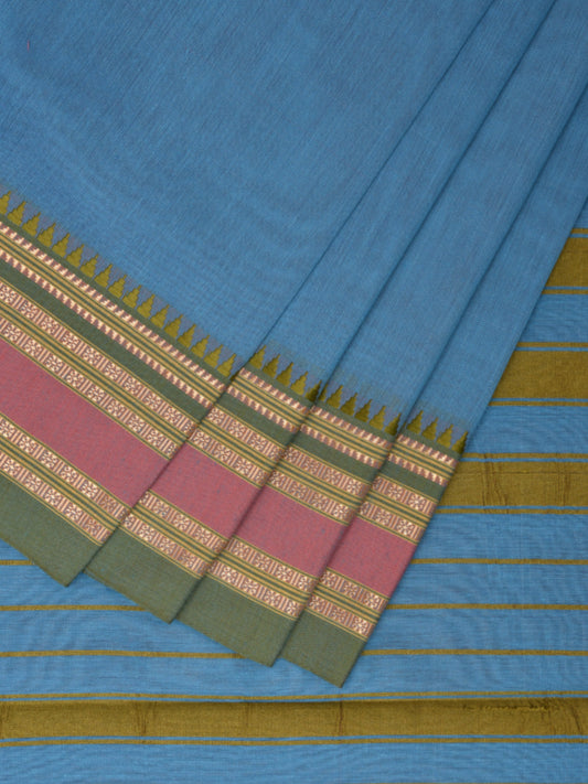 Light Blue and Olive Bamboo Cotton Plain Saree with Strips Pallu Design No Blouse bc0408