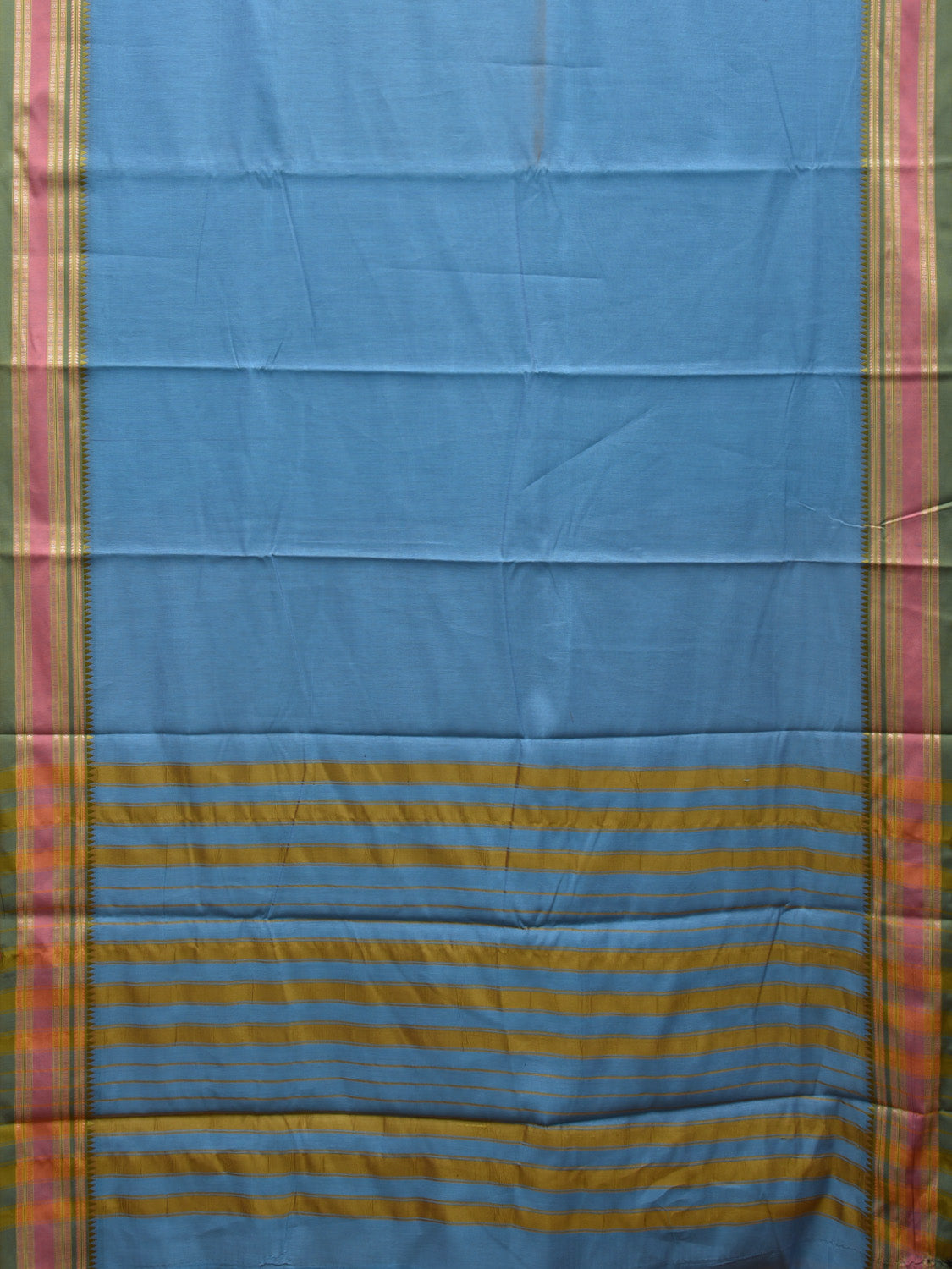 Light Blue and Olive Bamboo Cotton Plain Saree with Strips Pallu Design No Blouse bc0408
