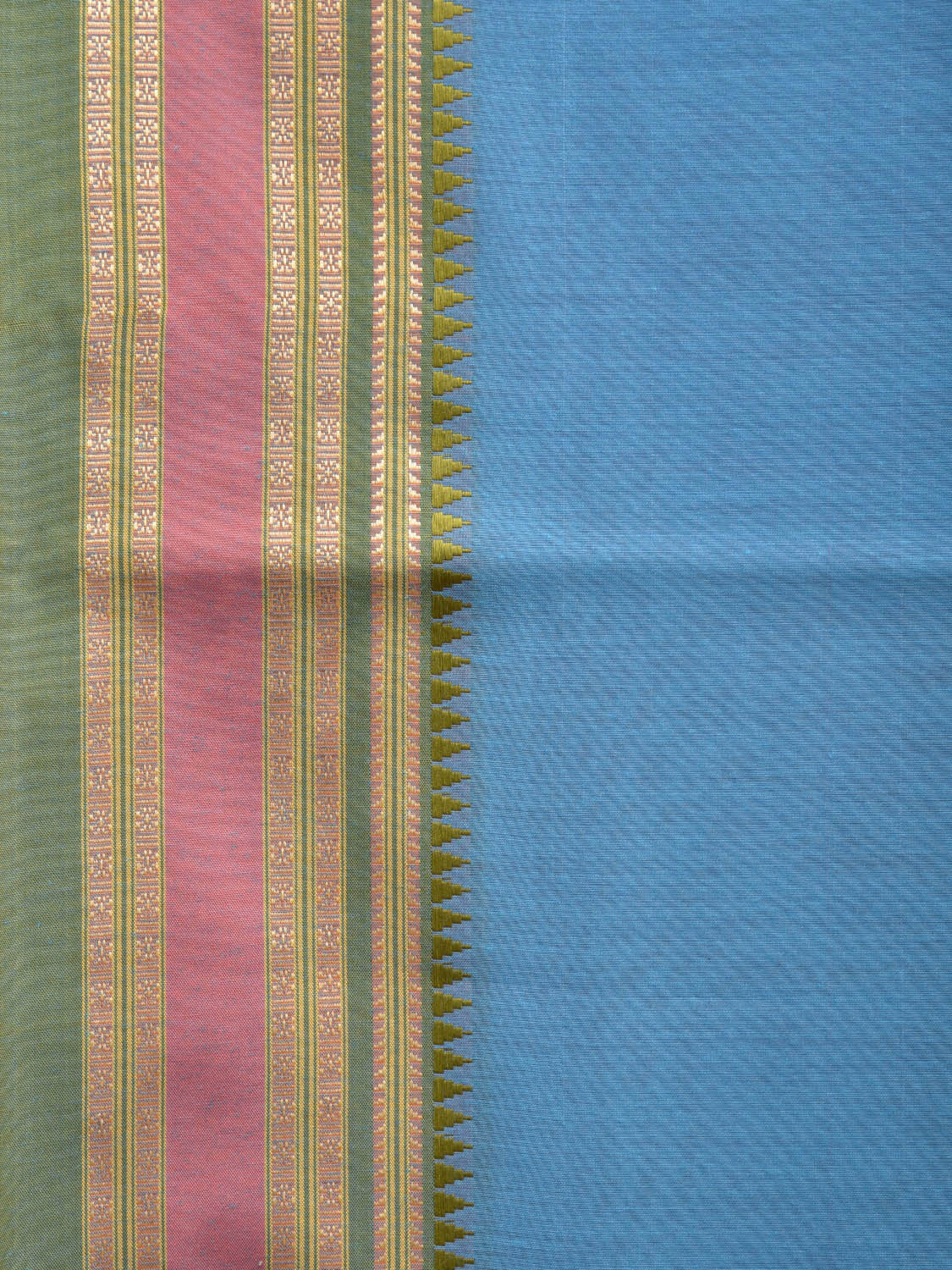 Light Blue and Olive Bamboo Cotton Plain Saree with Strips Pallu Design No Blouse bc0408