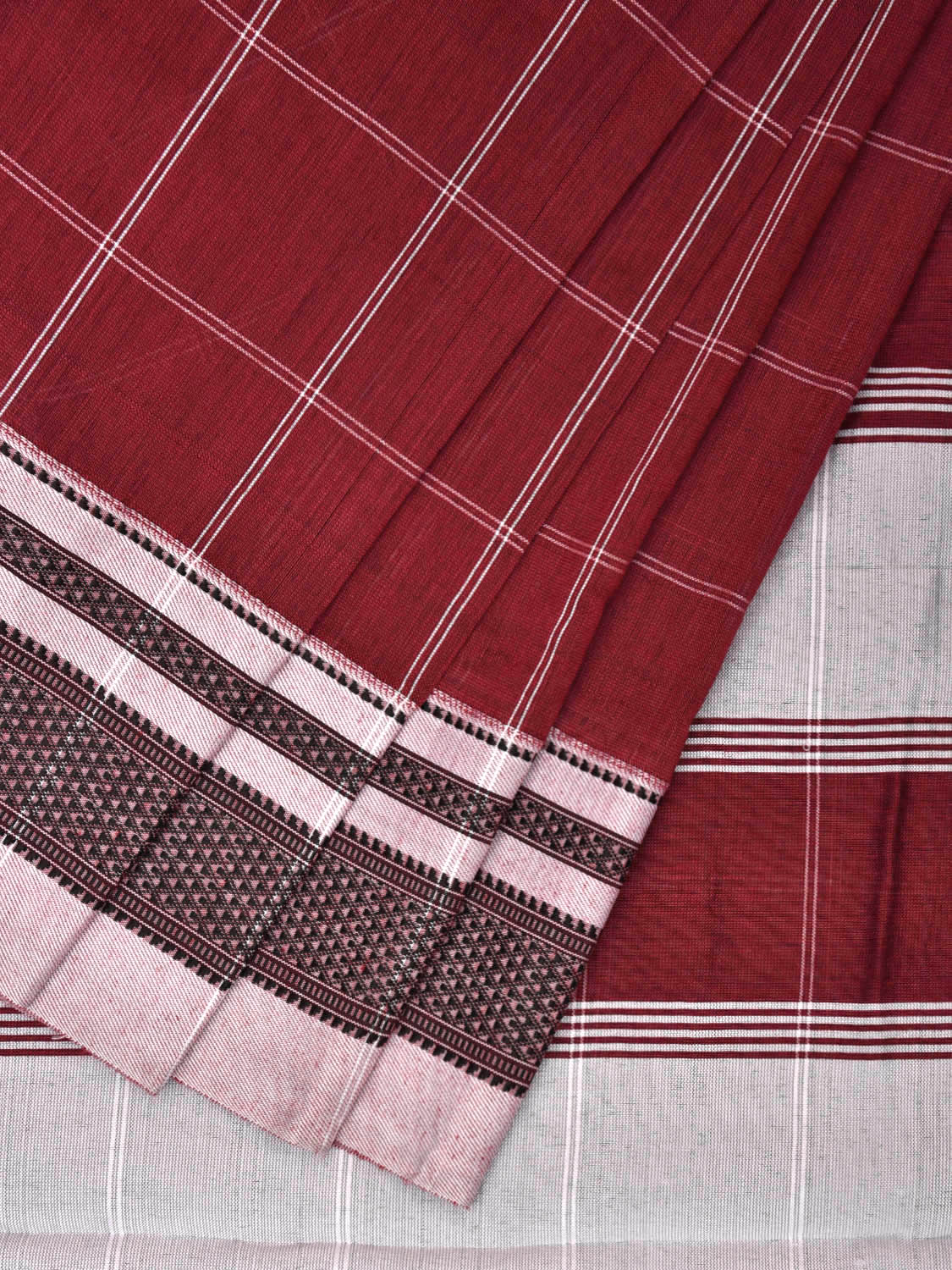 Maroon and White Bamboo Cotton Saree with Big Checks Design No Blouse bc0410