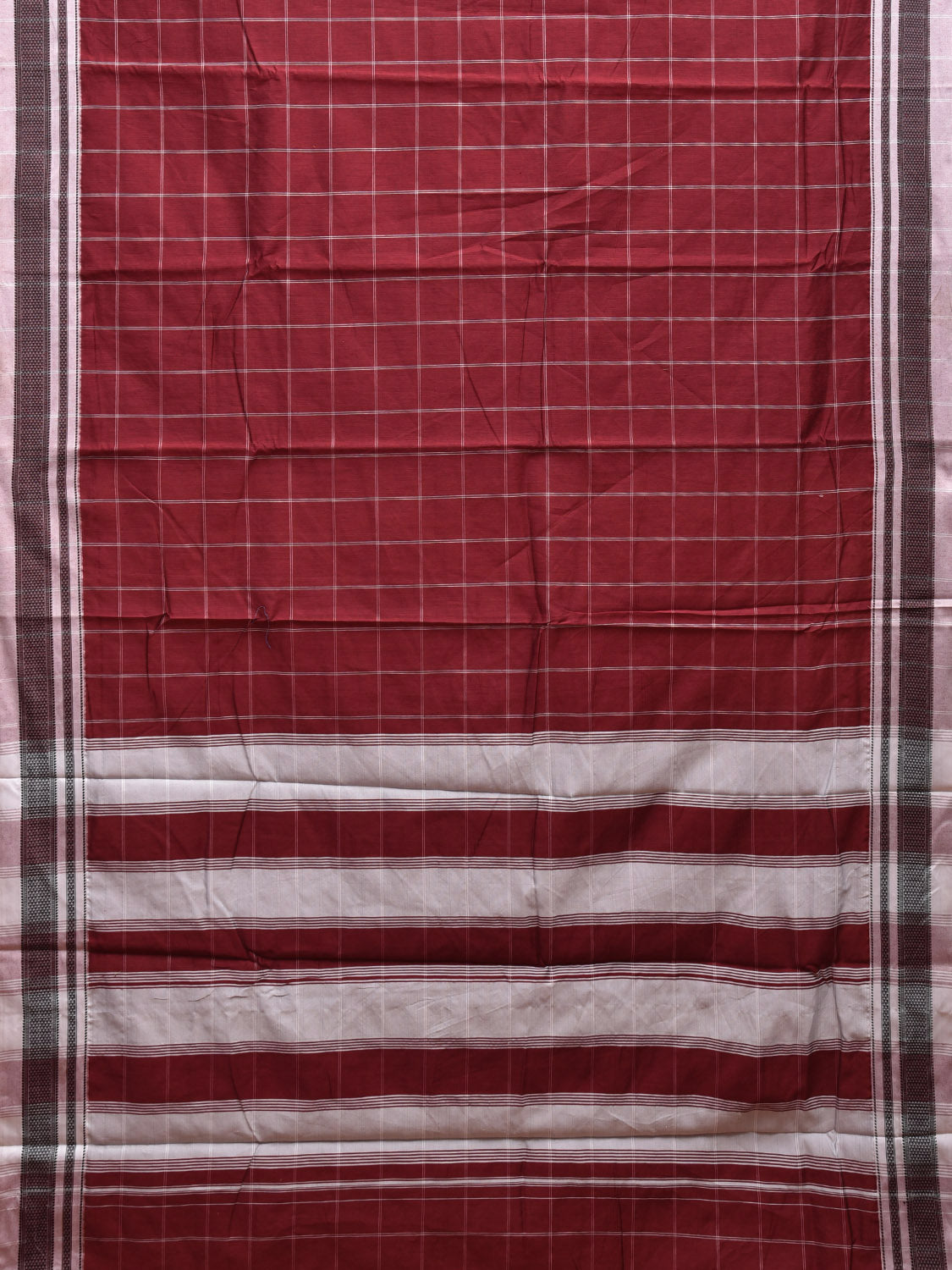 Maroon and White Bamboo Cotton Saree with Big Checks Design No Blouse bc0410