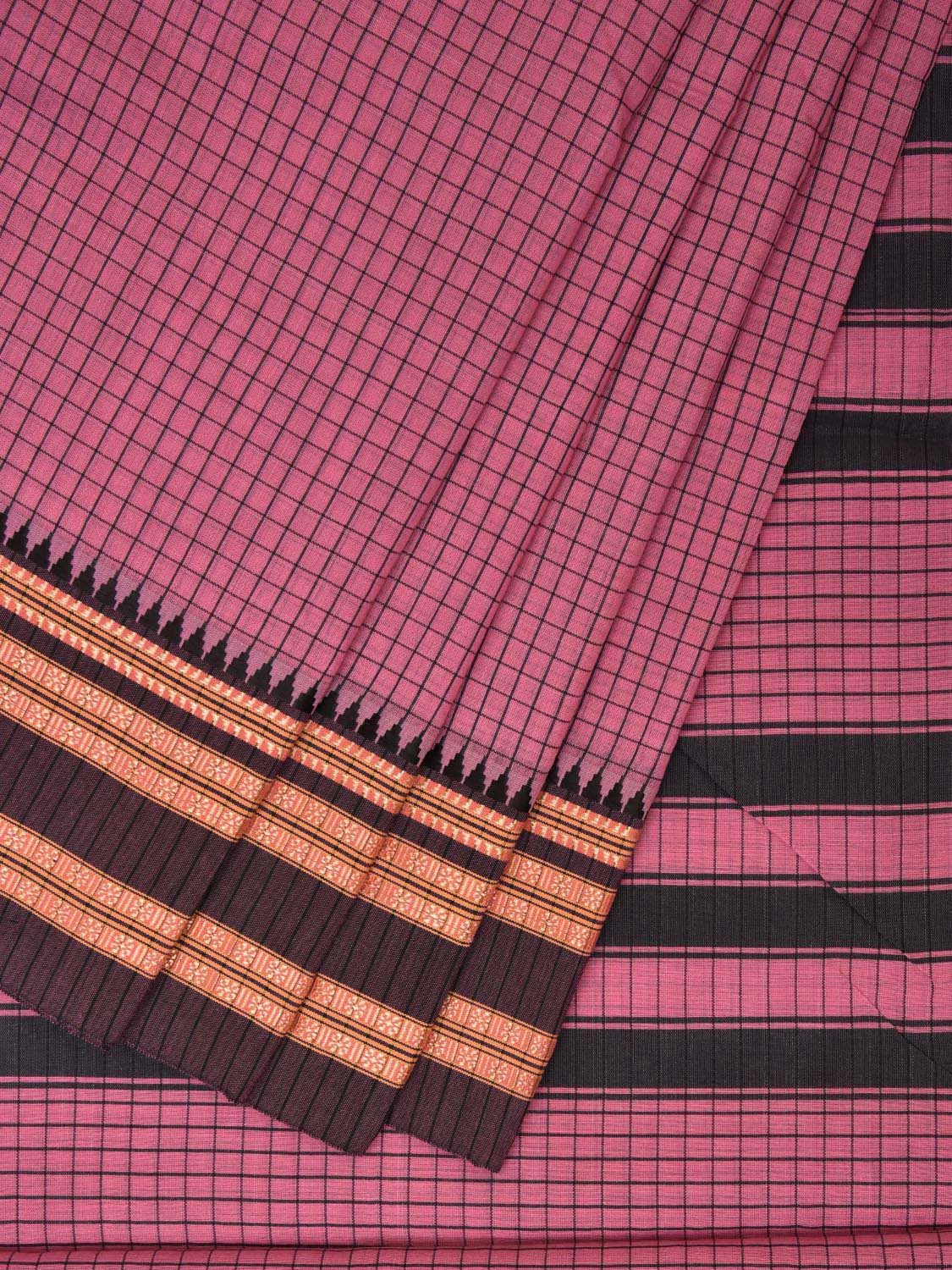 Pink and Grey Bamboo Cotton Saree with Checks Design No Blouse bc0413