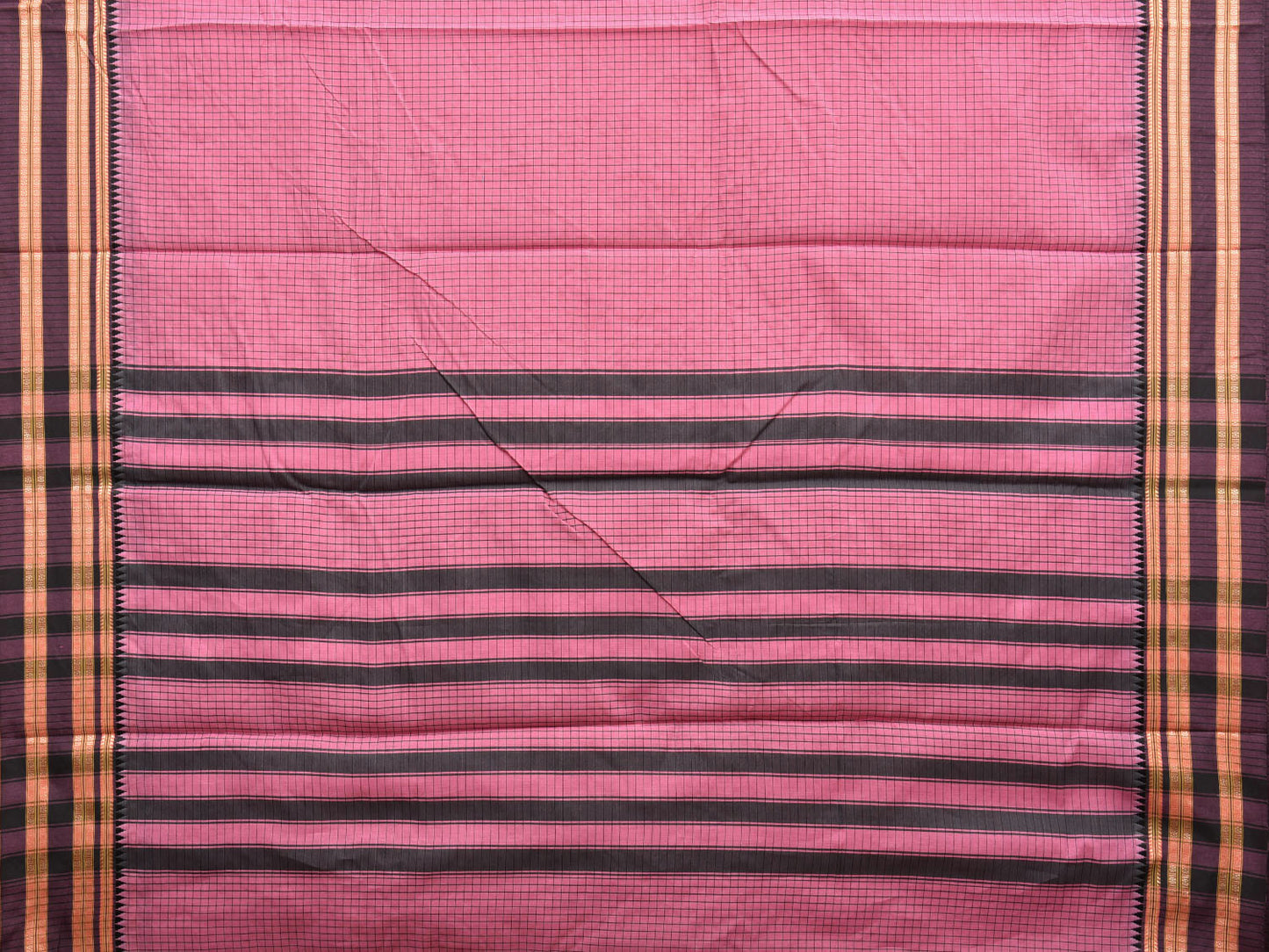 Pink and Grey Bamboo Cotton Saree with Checks Design No Blouse bc0413