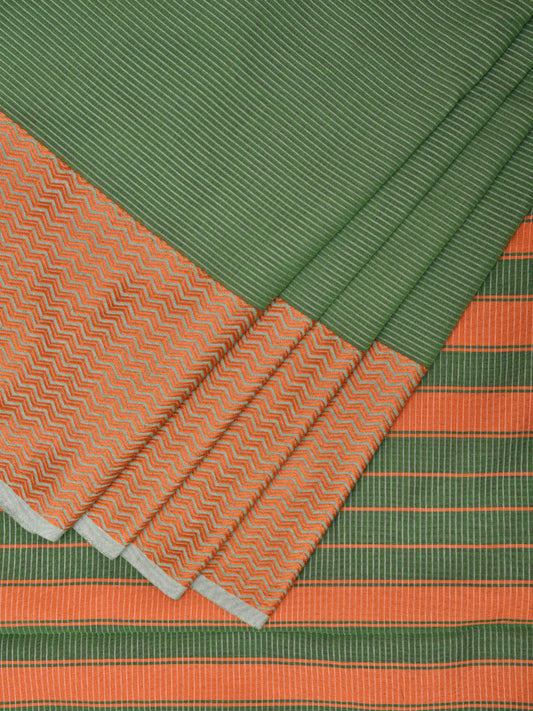 Green and Orange Bamboo Cotton Saree with Strips Design No Blouse bc0415