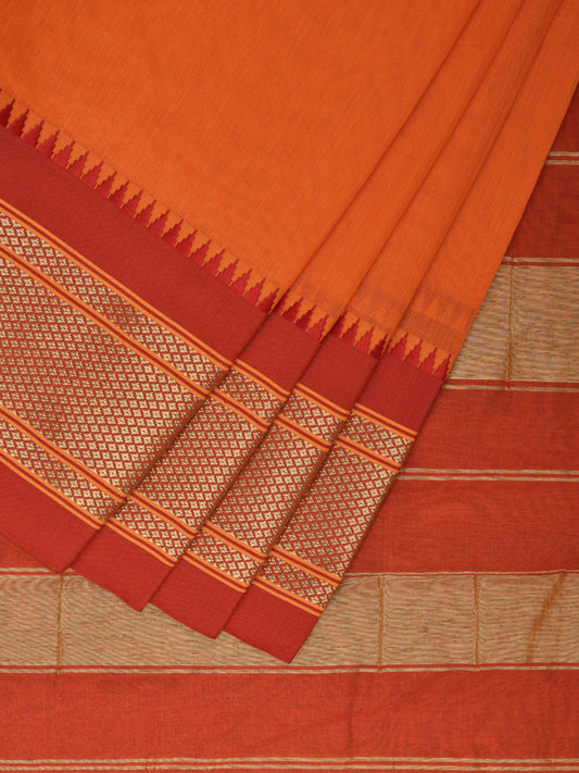 Orange and Red Bamboo Cotton Plain Saree with Contrast Pallu Design No Blouse bc0417