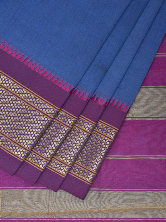 Blue and Purple Bamboo Cotton Plain Saree with Contrast Pallu Design No Blouse bc0418