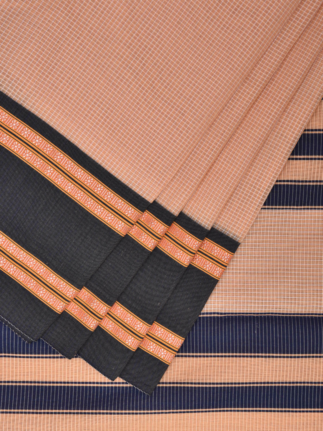 Cream and Dark Blue Bamboo Cotton Saree with Small Checks Design No Blouse bc0420