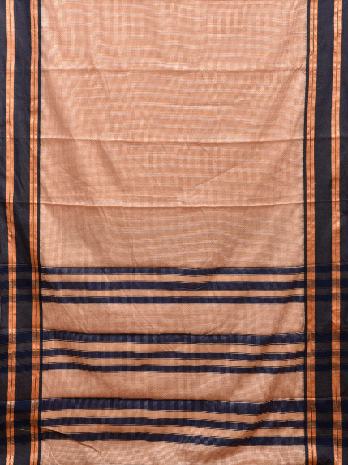 Cream and Dark Blue Bamboo Cotton Saree with Small Checks Design No Blouse bc0420