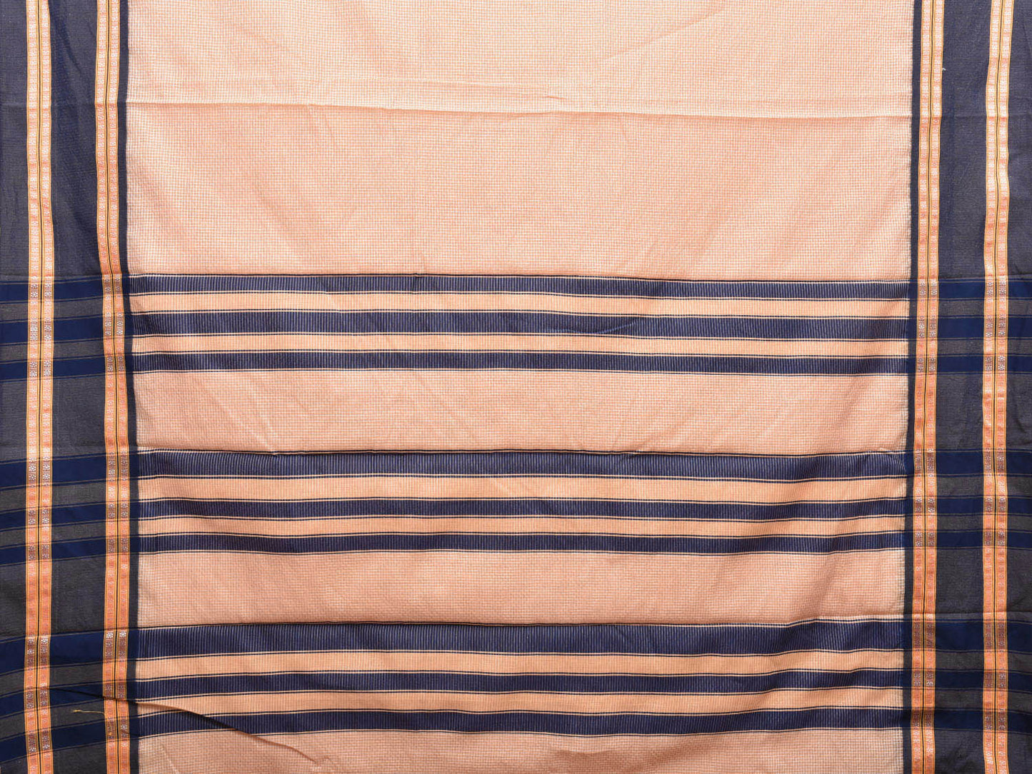 Cream and Dark Blue Bamboo Cotton Saree with Small Checks Design No Blouse bc0420