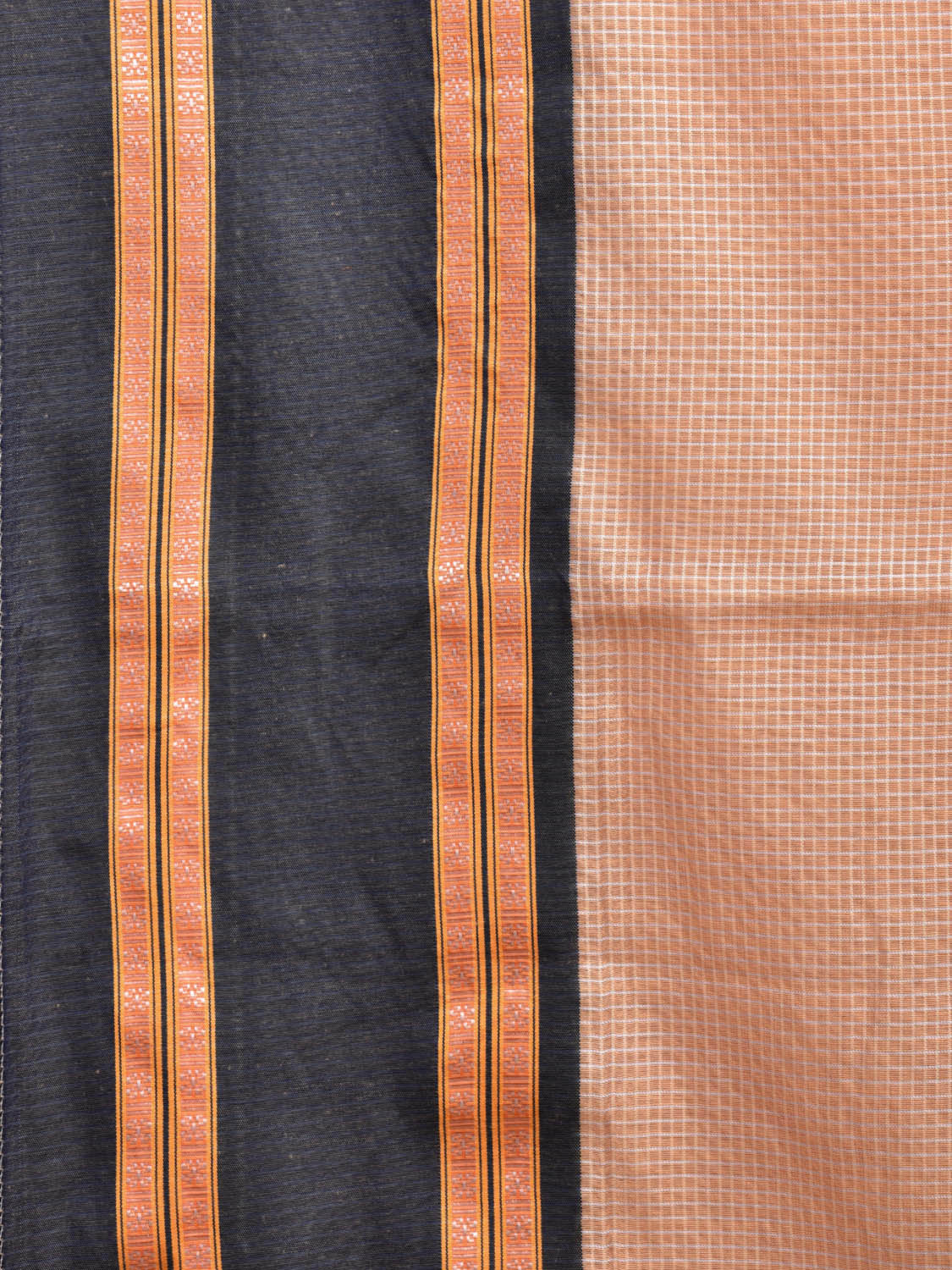 Cream and Dark Blue Bamboo Cotton Saree with Small Checks Design No Blouse bc0420