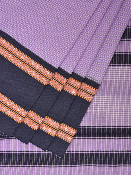 Lavender and Dark Blue Bamboo Cotton Saree with Small Checks Design No Blouse bc0421