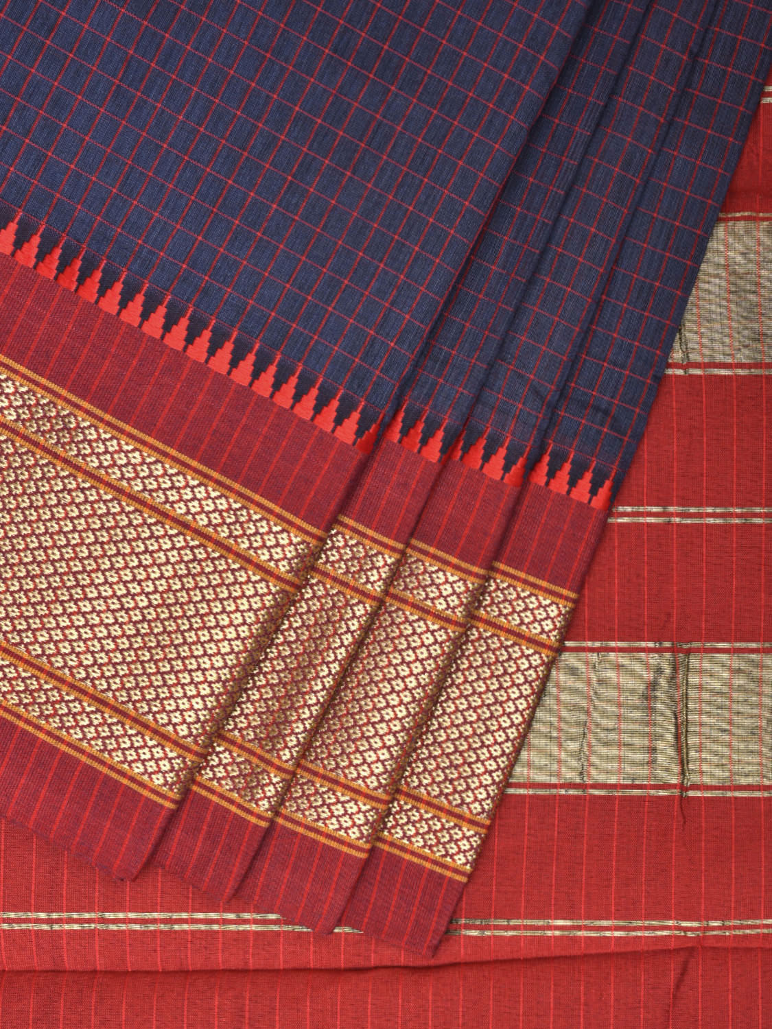 Indigo and Red Bamboo Cotton Saree with Checks Design No Blouse bc0423