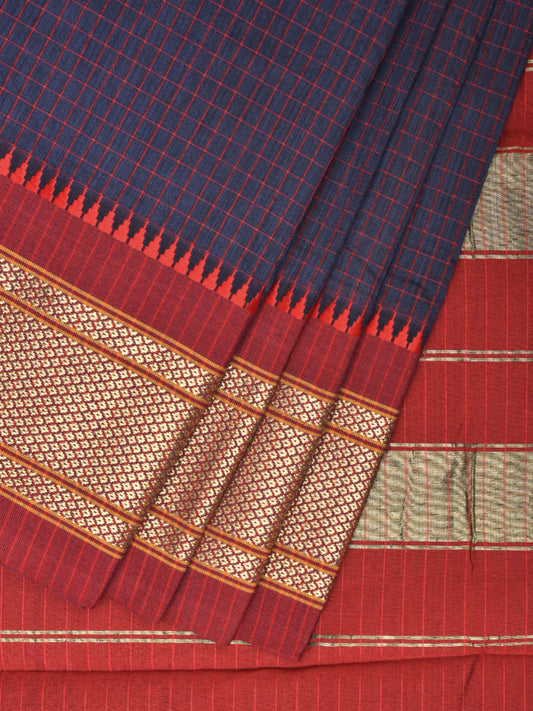 Indigo and Red Bamboo Cotton Saree with Checks Design No Blouse bc0423