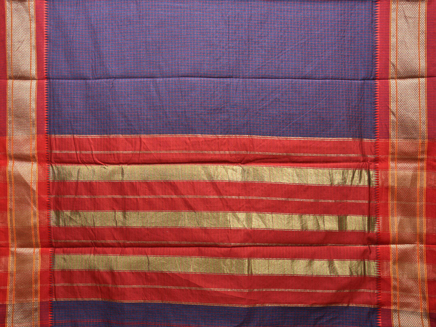 Indigo and Red Bamboo Cotton Saree with Checks Design No Blouse bc0423