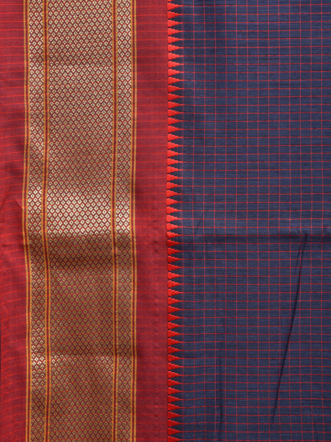Indigo and Red Bamboo Cotton Saree with Checks Design No Blouse bc0423