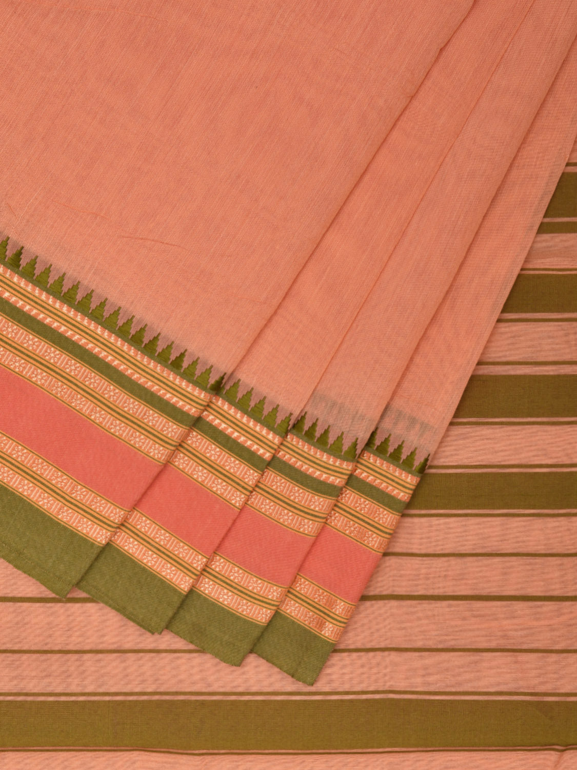 Cream and Olive Bamboo Cotton Plain Saree with Strips Pallu Design No Blouse bc0424