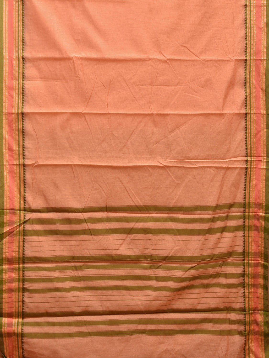 Cream and Olive Bamboo Cotton Plain Saree with Strips Pallu Design No Blouse bc0424